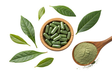 Green herbal capsules and powder in wooden bowl and spoon with leaves isolated on transparent background