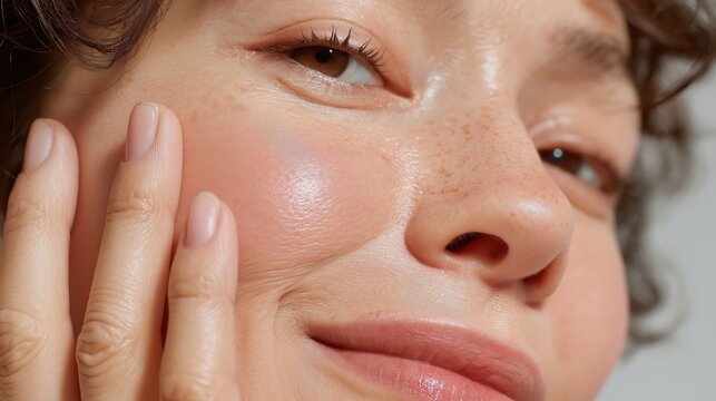A woman with a puffy nose and a smile on her face. She is holding her hand to her face