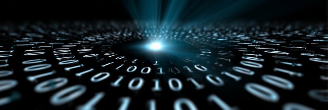 Visual representation of data transmission with binary codes floating towards a light source in a dark background - Powered by Adobe