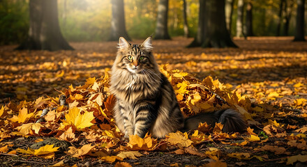 Majestic Norwegian Forest Cat in Autumn Leaves