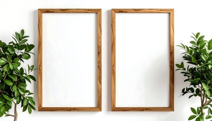 Two tall vertical blank wooden frames with greenery on white background