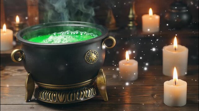 A bubbling cauldron of green liquid sits on a stand surrounded by lit candles
