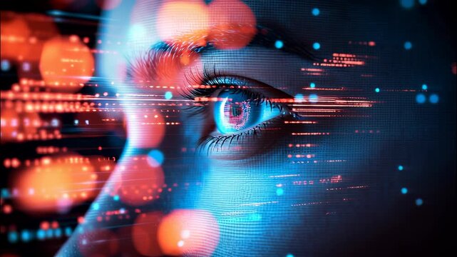 Binary code streams across a integration face, symbolizing the woman's of technology and humanity the in digital age video 4k