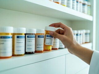 Photo of a hand reaches for a bottle of vitamin d on a brightly lit shelf in a pharmacy
