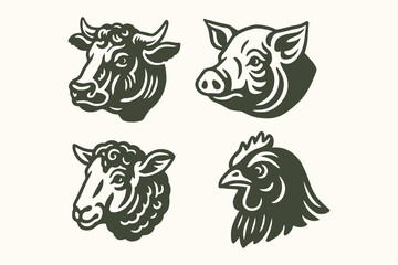 Farm animal heads stylized vintage engraving vector illustration