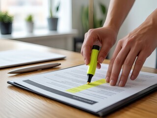 Photo of a person highlighting important sections of a contract with a yellow marker