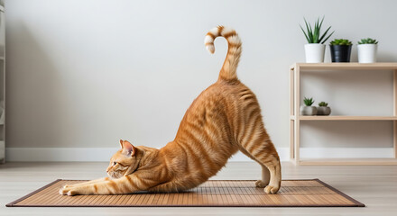 Ginger Cat Doing Yoga Stretch on Bamboo Mat