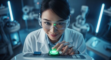 Focused scientist pressing a button in a futuristic lab. Ideal for science, technology, medical, research, innovation, or development projects. High-tech, innovative, modern.
