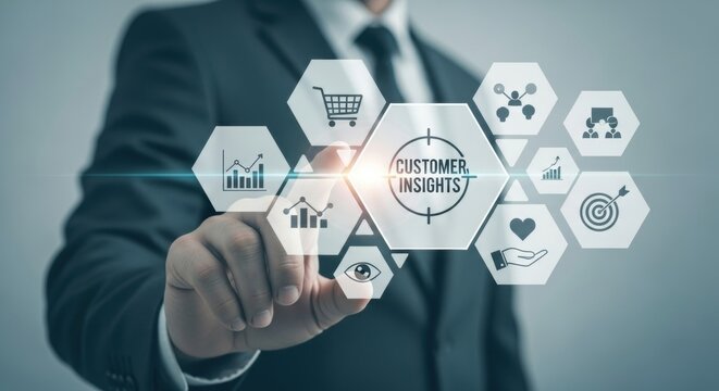 Customer Insights: Businessman Touching Hexagon Icons with Data Analytics and Marketing Concepts - Powered by Adobe