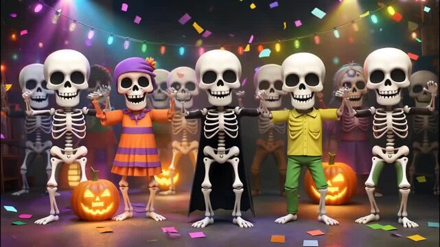 A group of cartoon skeletons in festive Halloween attire dance under colorful lights