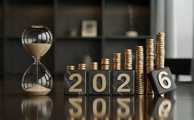 Long-term investment planning for year 2026, featuring an hourglass, coin stack, and financial growth bar