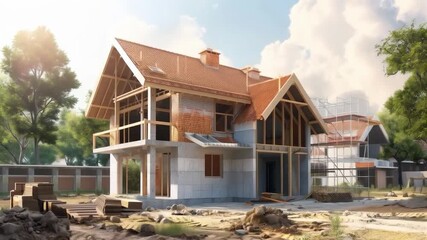 A house under construction with a wooden frame and brick walls. Suitable for advertising construction services, educational programs on architecture and design, and real estate presentations.
