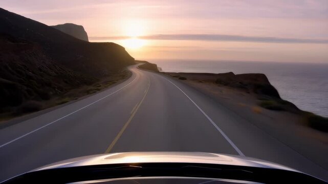 Coastal highway drive at sunset along ocean cliffs, winding road journey with dramatic seaside views for travel and adventure exploration