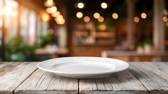 Empty white plate resting on a rustic wooden table with a blurred restaurant background - Powered by Adobe