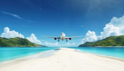Commercial jet plane descends towards tropical paradise island. Aircraft flies over turquoise ocean water, white sand beach. Rich green hills surround pristine coastline. Represents vacation, travel,