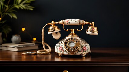 Antique rotary phone with porcelain floral base and brass handset on wood table, moody light. Ideal for vintage decor, nostalgia ads, antique shop promos, storytelling design