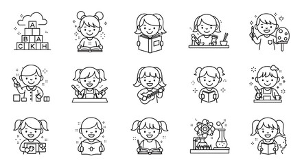 Children engaged in various educational and creative activities learning reading