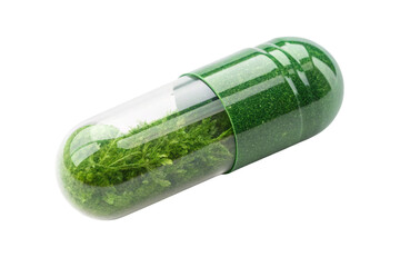 Green herbal supplement capsule filled with natural plant ingredients isolated on transparent background