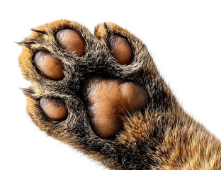 A detailed view of a cats paw with its soft pads and sharp claws isolated on transparent background