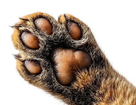 A detailed view of a cats paw with its soft pads and sharp claws isolated on transparent background