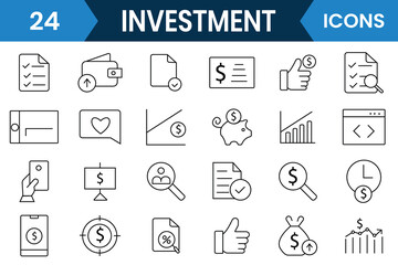 Investment icon vector set. Business, Financial investment icon. Set of mutual fund, asset, economy, financial gain, interest, money, banking, profit, business, stock and more. Vector illustration.
