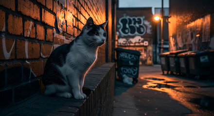 Stray Cat on Weathered Brick Wall 