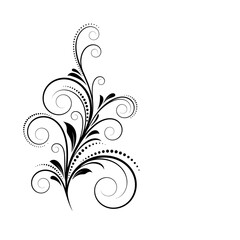 A black and white floral design with swirls and dots on a white background
