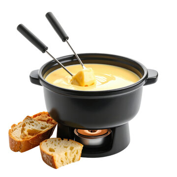 A black fondue pot with melting cheese served with crusty bread isolated on transparent background. PNG die-cut for advertising