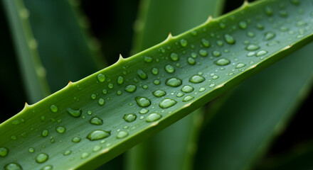 Green leaf with water droplets closeup showing natural freshness