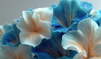 3D rendered blue and white flowers with organic smooth lines and light orange turquoise gradient in atmospheric perspective for modern floral design and digital art concepts