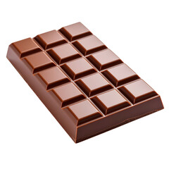Close up of a whole milk chocolate bar with segmented squares isolated on transparent background. PNG die-cut for advertising