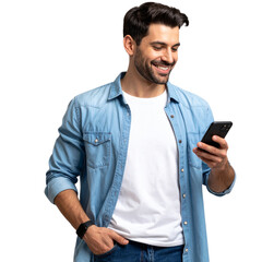 Smiling Man Looking at Phone in One Hand, Side Angle View, Transparent Background 