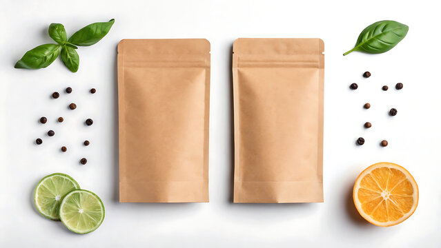 Two blank brown kraft paper pouches with fresh herbs and citrus fruit on white background
