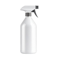 A white spray bottle with a grey trigger sprayer and grey ribbed cap isolated on transparent background. PNG die-cut for advertising