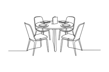 Dining table and chairs continous line art vector illustration.

