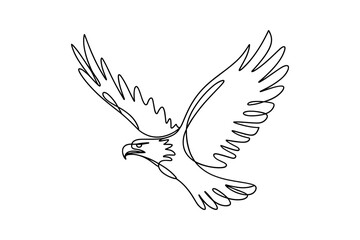Obraz premium Flying eagle in sharp wing spread pose, aggressive bird in line drawing vector illustration