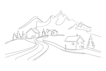 Fototapeta premium Mountain village landscape in clean line drawing scenic view vector illustration