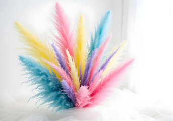 Close-up of a soft pastel pampas grass arrangement on a white background, shot in diffused daylight, casting subtle shadows, minimalist style, set against a backdrop of sheer white fabric.