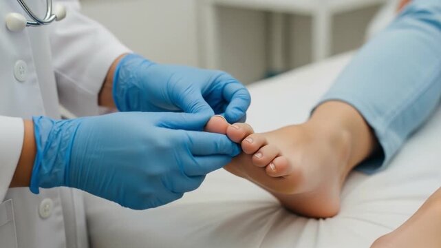Medical professional in blue gloves inspects toe fungus on patient. Suitable for healthcare or dermatology content related to foot conditions.