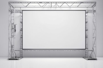 Large blank projection screen mounted on a metal frame structure