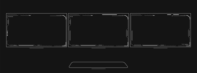 3D VR UI overlay. Three monitors overlay, with keyboard. Sci-fi, cybernetic futuristic UI overlay for 16:9 monitor panels. Multimedia high-tech HUD template.