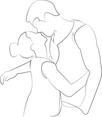 One continuous line drawing on white isolated background. Minimalism linear illustration. kissing, romance, woman, man, embracing, person, adult, standing, togetherness, happiness