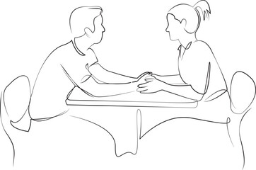 One continuous line drawing on white isolated background. Minimalism linear illustration. person, sitting, table, adult, cafe, togetherness, smiling, man, woman, two people