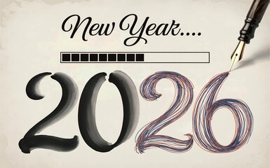 New Year 2026 celebration countdown fountain pen drawing concept artistic festive loading bar on transparent background