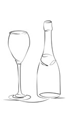 One continuous line drawing on white isolated background. Minimalism linear illustration. celebration, bubble, drink, luxury, champagne, glasses, wine, christmas, fizz