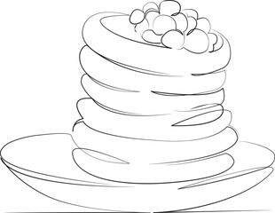 One continuous line drawing on white isolated background. Minimalism linear illustration. food, snack, meal, breakfast, homemade, plate, stack, berry, lunch, morning