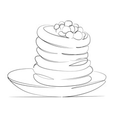 One continuous line drawing on white isolated background. Minimalism linear illustration. food, snack, meal, breakfast, homemade, plate, stack, berry, lunch, morning