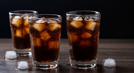 Three glasses filled with cola ice cubes and straws