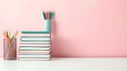 Minimalist Stack of Books with Colorful Pencil Holder on White Table and Soft Pastel Background

