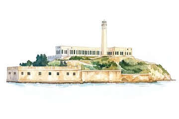 Alcatraz Island illustration watercolor landmark.
